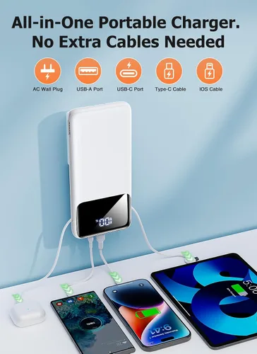 Vista 6 de Banco de energía cargador portátil con cables integrados y enchufe de pared, paquete de batería USB-C delgada de 10000mAh, cargador portátil