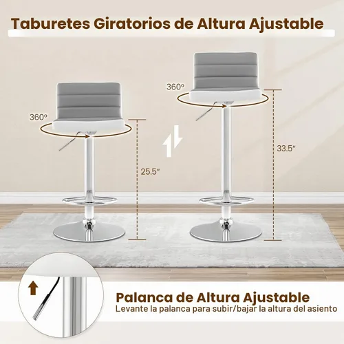 Vista 5 de COSTWAY Juego de 2 taburetes de bar ajustables, modernas sillas de bar giratorias de piel sintética con respaldo, reposapiés, taburetes de bar