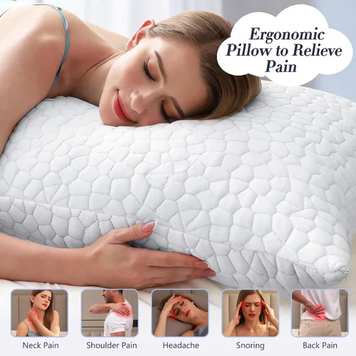 Vista 5 de Yettbea Juego de 2 almohadas ajustables de espuma viscoelástica trituradas tamaño Queen, almohada refrescante de bambú de lujo con funda lavable