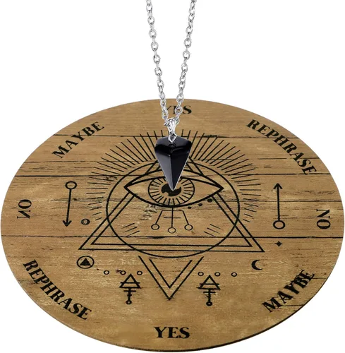 Vista 8 de Jetec Juego de tablero de péndulo de madera para radiestesia, mensaje metafísico con collar de péndulo de divinidad de cristal para suministros