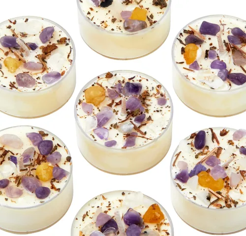 Vista 2 de New Moon Beginnings Crown Chakra Candle - Velas de chakras - Velas de té de flores secas, hierbas y cristal, aromaterapia, picante, cálido