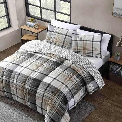 Vista 2 de Eddie Bauer - Juego de edredón Queen, ropa de cama reversible a cuadros, elegante y cálida decoración del hogar (gris normandía, Queen)