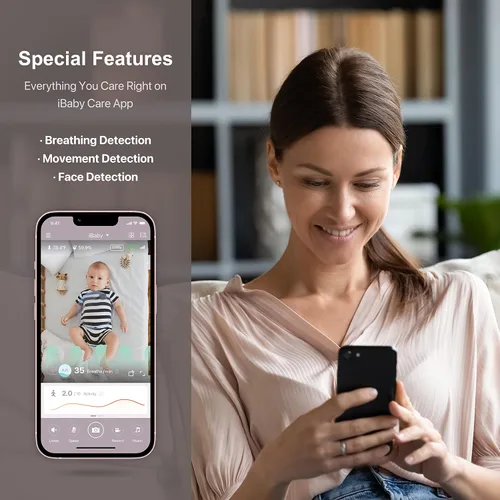 Vista 2 de iBaby Monitor de respiración inteligente para bebés: con cámara y audio, seguimiento de la respiración, el sueño y el movimiento. Monitor de bebé i2