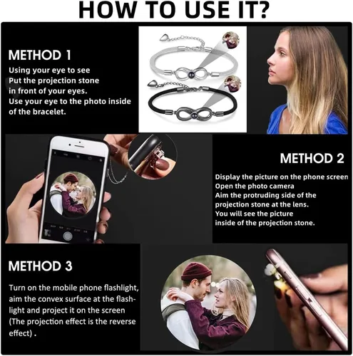 Vista 4 de Nameinhea Pulsera personalizada con imagen en el interior, pulsera de proyección de fotos, pulsera personalizada con foto conmemorativa para novia