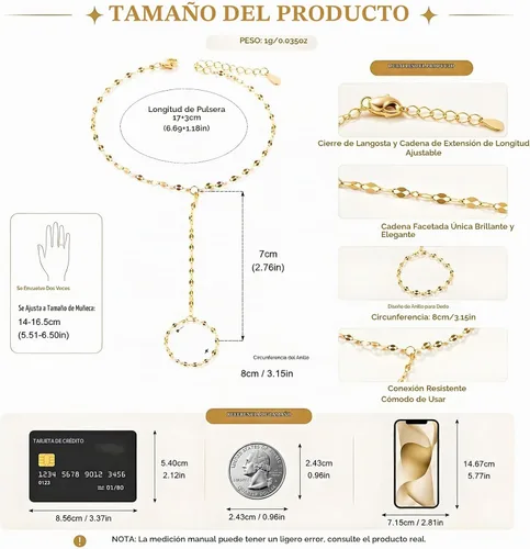 Vista 2 de Long tiantian Pulsera de cadena de mano, pulseras de oro para mujer, pulseras de cadena de eslabones de moda, anillo de dedo, pulsera de esclavos