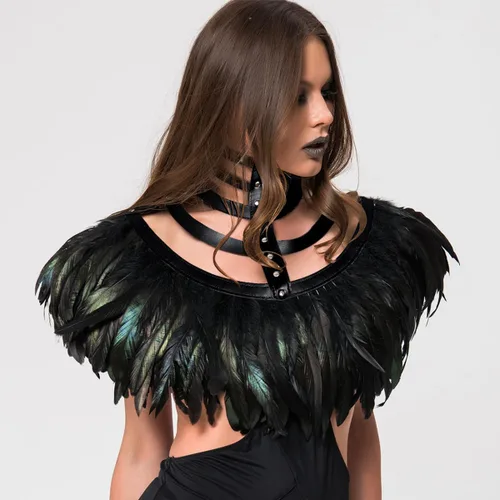Vista 3 de L'VOW Real Negro Pluma Arnés Collar Collar Collar Babero Halloween