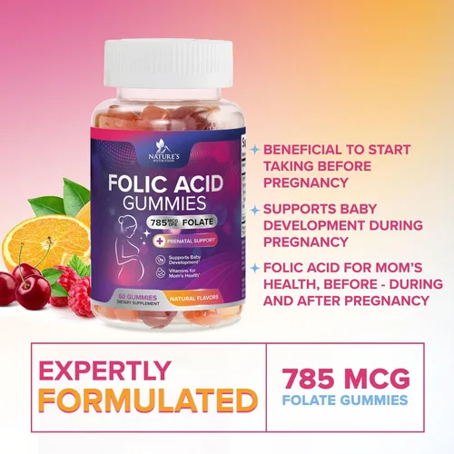 Vista 7 de Gomitas de ácido fólico para mujeres, folato de 785 mcg por porción, vitaminas prenatales esenciales para mamá y bebé, suplemento fólico vegano