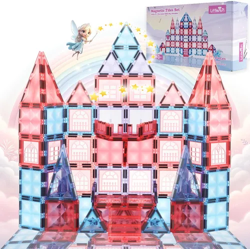 Vista 8 de Little Pi 102 piezas de bloques de construcción con azulejos magnéticos de castillo de princesa congelada - Bloques de diamante 3D, juguetes