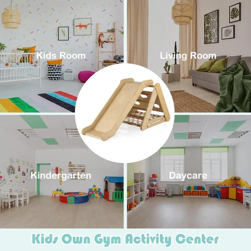 Vista 5 de HONEY JOY Escalador triangular 4 en 1 con rampa, escalera triangular de 3 lados para niños con cuerda de red y barras, juguetes de escalada Natural