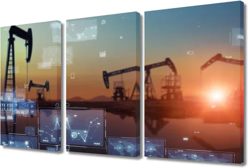Vista 37 de TUMOVO Bombas de aceite en la puesta de sol para dormitorio, industria de petróleo y gas, pinturas de pared de 3 piezas de arte de pared de petróleo