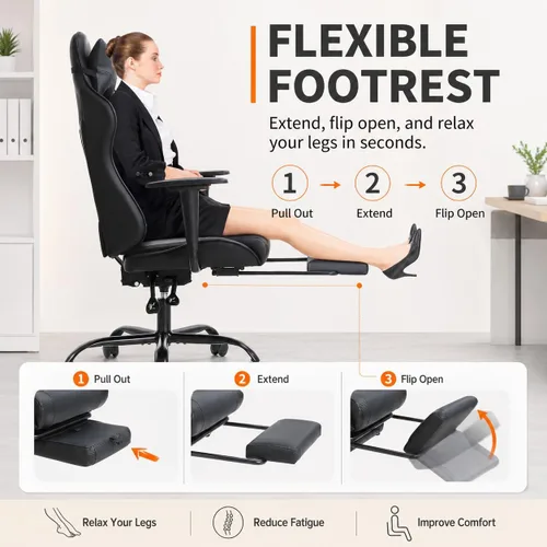 Vista 6 de BestOffice Silla ergonómica para juegos Negro Silla reclinable para computadora con soporte lumbar, almohada reposacabezas y reposapiés