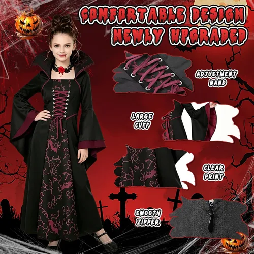 Vista 4 de Disfraz de vampiro para niñas, disfraz gótico, negro, rojo, vestido Vampire