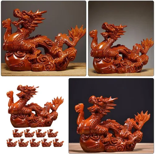 Vista 4 de Veemoon Estatua de madera de dragón chino Fengshui, 3.9 in, mini rojo 2024 Año del Dragón, escultura tallada a mano para decoración de estantes