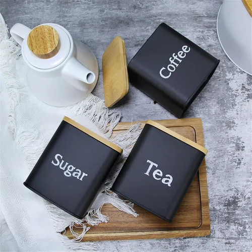 Vista 3 de SOTECH Juego de 3 recipientes de cocina para café, azúcar y té, tarros de metal con tapa de bambú, recipientes cuadrados negros para almacenamiento