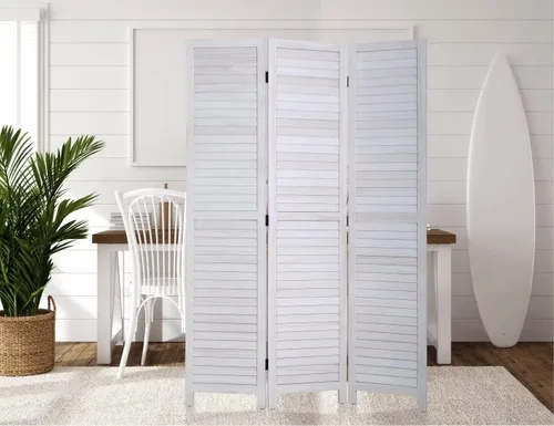 Vista 8 de Divisor de habitación de 3 paneles, pantalla de privacidad plegable de 67 pulgadas de alto con paneles de madera con rejillas, partición Gris