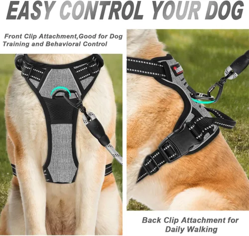 Vista 19 de BARKBAY - Arnés para perro sin tirones con clip frontal, material resistente y reflectante, asa de fácil control para pasear perros grandes
