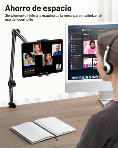 Vista 4 de OMOTON Soporte ajustable para tablet de escritorio, soporte para tablet para iPad, soporte de teléfono para cama con rotación de 360°, se adapta a