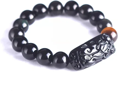 Vista 28 de Pulsera de obsidiana negra, pulsera de obsidiana negra Feng Shui para mujeres y hombres, pulsera elástica de obsidiana con piedra de ojo de tigre