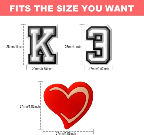 Vista 6 de XZYPLHJ Dijes de letras para decoración de zapatos, 74 letras + paquete de 6 dijes de corazón para zapatos, sandalias de zueco, decoración