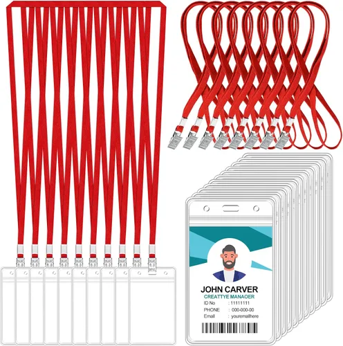 Vista 8 de 100 tarjetas de identificación verticales transparentes y 100 cordones, cordones reutilizables para soporte para tarjetas de identificación, soporte