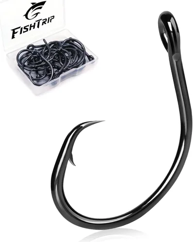 Vista 10 de FishTrip Anzuelos Circulares para Agua Salada, Anzuelos de Pesca en Línea 5X Fuertes para Bagre 25pcs, Negro/Acero de Alto Carbono/Sin