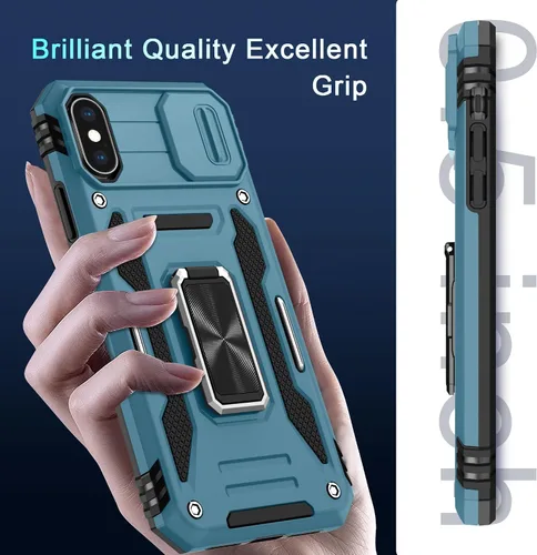 Vista 375 de DEERLAMN Funda para iPhone Xs Max con funda deslizante para cámara + protector de pantalla, soporte giratorio de anillo de grado militar a prueba