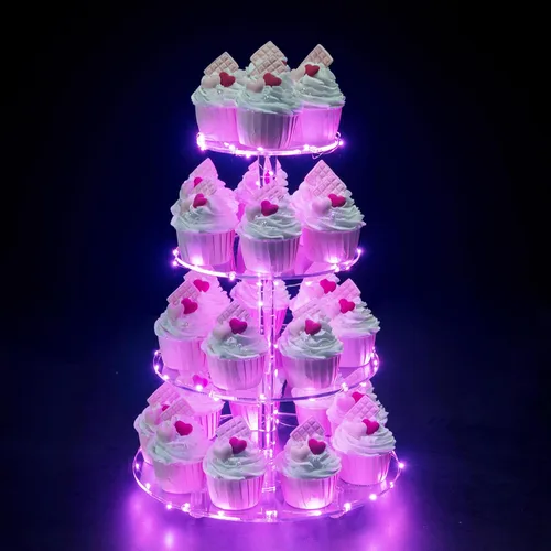 Vista 19 de Soporte para Cupcakes, Soporte Redondo para Cupcakes de 4 Niveles con Tira de Luces LED, Torre de Exhibición de Cupcakes de Acrílico para Bodas, Azul