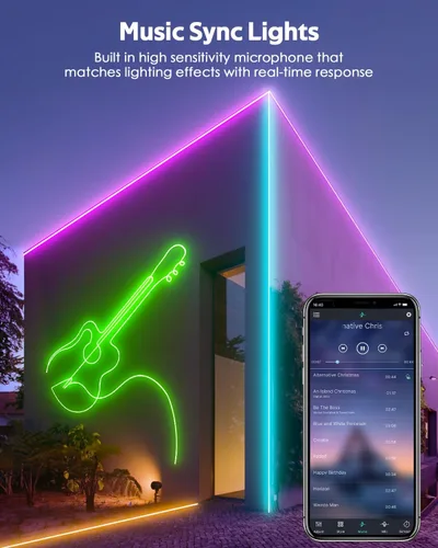 Vista 2 de 110V Tira de luz LED RGB COB Bluetooth de 10 pies, tira de luces LED multicolor ajustable flexible con control remoto, sincronización de música