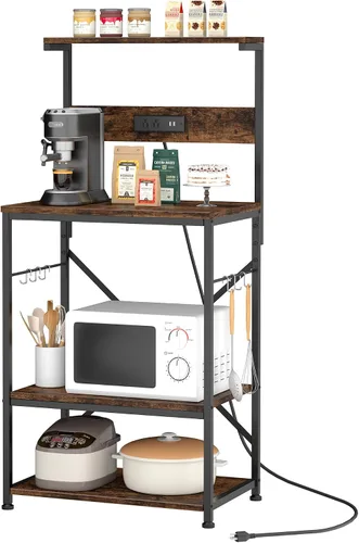 Vista 8 de JAMFLY Estante para hornear de cocina con toma de corriente, soporte para microondas con 6 ganchos en forma de S, barra de café de 4 niveles