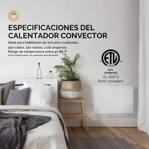 Vista 4 de EconoHome Panel Calefactor de Montaje en Pared con Protector de Calor - Calentador de Convección a Prueba de Salpicaduras de 250 Vatios