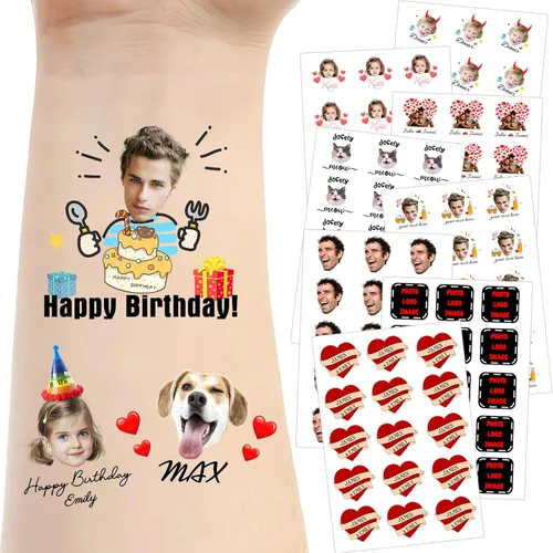 Vista 11 de Tatuajes temporales personalizados para la cara, tatuajes faciales personalizados con nombre de foto, logotipo, texto, calcomanía de tatuaje falsa