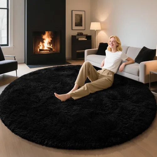 Vista 178 de EVOIONOS Alfombra Redonda Negra para Dormitorio, 4x4 Pies Alfombra de Área Circular Suave y Esponjosa para Sala de Estar, Alfombra Circular de Felpa