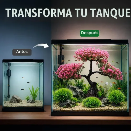 Vista 9 de Cabilock Decoración de acuario de flor de cerezo rosa, planta artificial de tanque de peces de árbol Sakura de 12.2 pulgadas con base estable