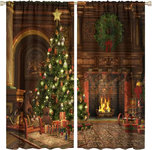 Vista 14 de Cortina opaca de Navidad para ventana, campanas de Navidad, festivales, decoración de atmósfera, cortina para sala de estar, habitación