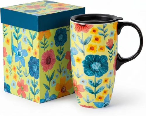 Vista 13 de Topadorn Taza de Café de Cerámica Taza de Viaje Regalo con Tapa 17oz, Taza de Té Alta de Porcelana con Asa para el Hogar y la Oficina, Taza