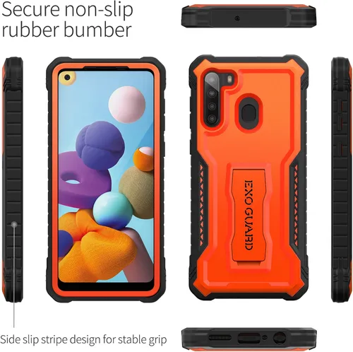 Vista 4 de ExoGuard Funda para Samsung Galaxy A21, funda de goma a prueba de golpes de cuerpo completo, protector de pantalla integrado y soporte compatible