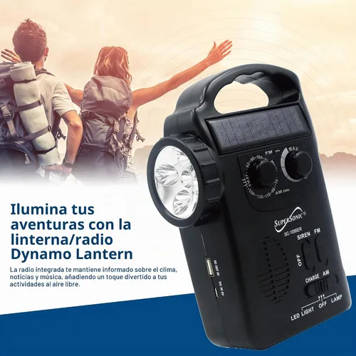 Vista 3 de Supersonic SC-1095ER Radio de emergencia solar/manivela con linterna, 3 fuentes de alimentación, linterna de emergencia, altavoz, radio AM/FM, panel