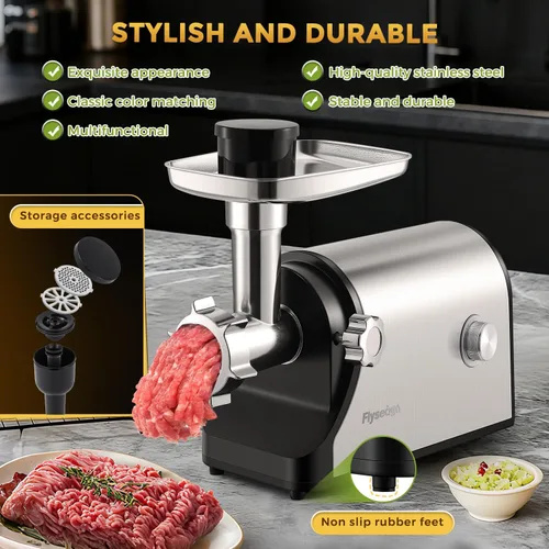 Vista 6 de Picadora eléctrica de carne comercial de 3200 W, trituradora de carne comercial, relleno de salchichas, kit de Kubbe con 2 cuchillas de corte, 3