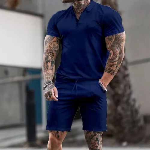 Vista 2 de TURETRENDY Conjunto de camisa polo y pantalones cortos para hombre, manga corta, cremallera, 2 piezas, traje de verano, casual, atlético, conjunto