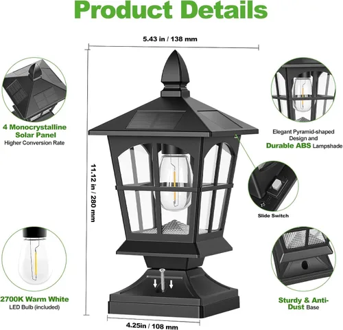 Vista 3 de Brightever 4x4 Post Solar Lights with Warm White Edison Bulb, 1 Pack Black Negro