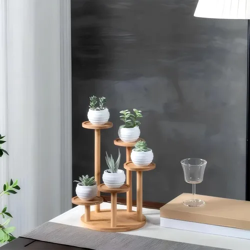 Vista 6 de Soporte de escritorio de 5 niveles para plantas, estante redondo de bambú para plantas, soporte de mesa para suculentas y hierbas, soporte