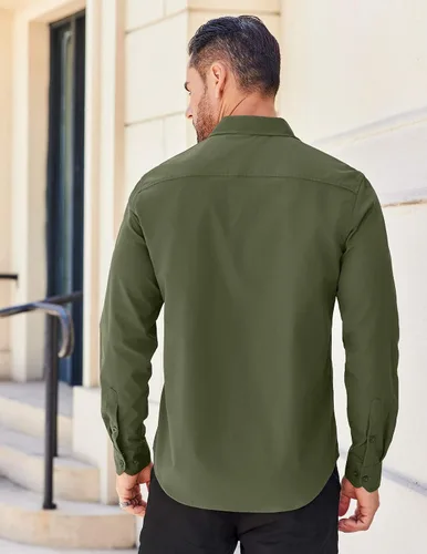 Vista 4 de COOFANDY Camisa para hombre de manga larga casual con botones, camisas sin doblar para hombre de ajuste regular