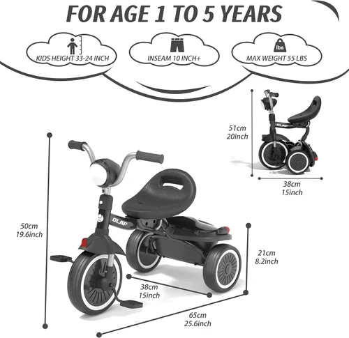 Vista 3 de Glaf Bicicleta para niños de 2 a 5 años, triciclo para niños pequeños de 1 a 3 años, triciclo con asiento ajustable y cesta de almacenamiento, Negro