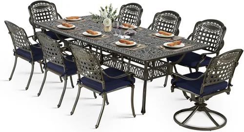 Vista 17 de VIVIJASON Juego de comedor al aire libre de 9 piezas, juego de mesa y sillas de patio de aluminio fundido para 8, incluye mesa rectangular de 94.5