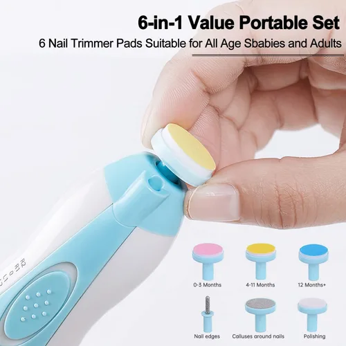 Vista 3 de Cortador de uñas eléctrico para bebés, de bajo ruido, seguro para recién nacidos, con 6 cabezales de molienda ligeros y reemplazables, esmalte