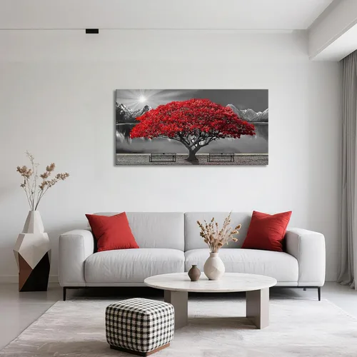 Vista 2 de Mofutinpo Arte de Pared de Árbol Rojo en Blanco y Negro Impresión en Lienzo Cuadro Paisaje de Árbol Rojo Grande Obra de Arte Moderna para Sala