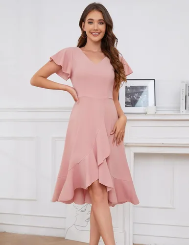Vista 3 de DRESSTELLS Vestidos formales para mujer 2023 con volantes, cuello en V, vestido de cóctel, fiesta de té, vestido modesto de iglesia para invitados