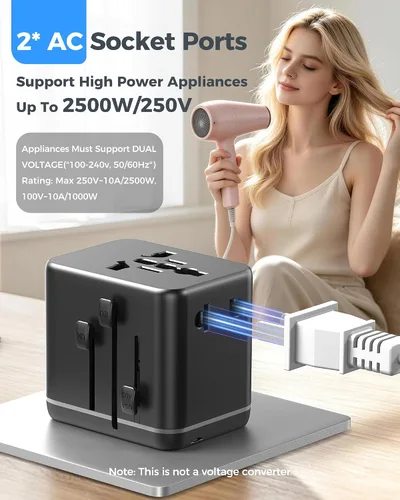 Vista 5 de JMFONE Adaptador de viaje universal, 3 USB-C 1 USB-A, salidas de CA duales