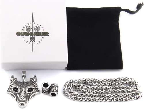 Vista 2 de Gungneer Collar con colgante de lobo vikingo Fenrir para hombres y mujeres, cadena de trigo de acero inoxidable, amuleto nórdico, talismán