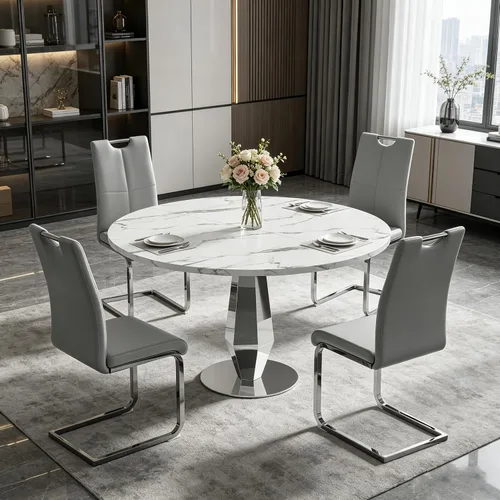 Vista 17 de Henf Mesa de comedor redonda de mármol sintético para 4 a 6 personas, mesa de cocina moderna de oro blanco de 47 pulgadas con base de acero Mesa